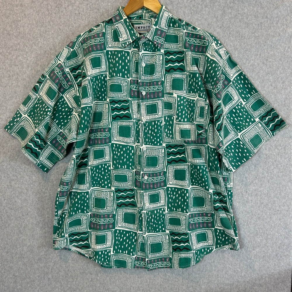 IMPACT Button Down Shirt Green Geometric Tribal Print Vintage 80s 90s Mens Large
